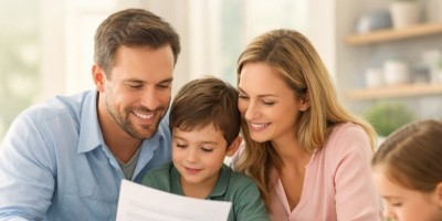 Happy family reviewing insurance coverage